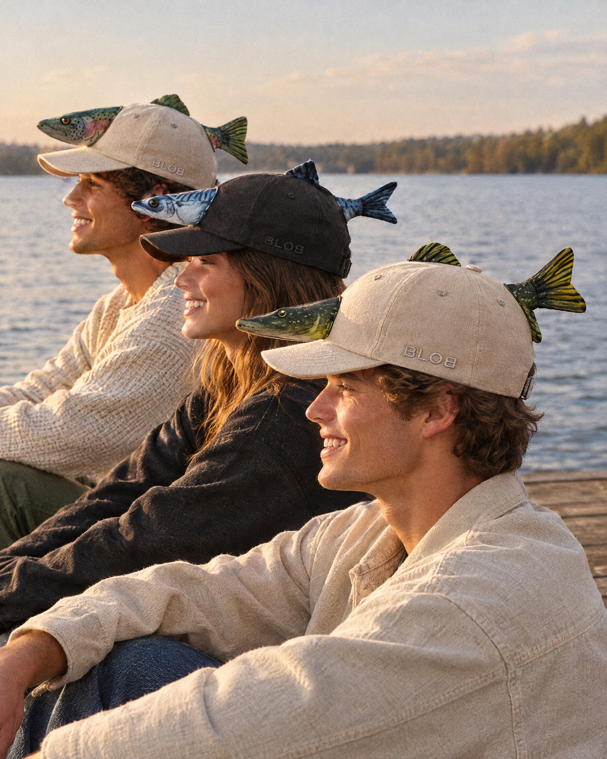 Drei Freunde tragen Hecht, Makrele und Forelle Fish-Caps am See