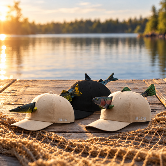 3 in einem Netz: Heisser Hecht, Geile Makrele und Schnelle Forelle Fish-Caps auf einem Holzsteg am See