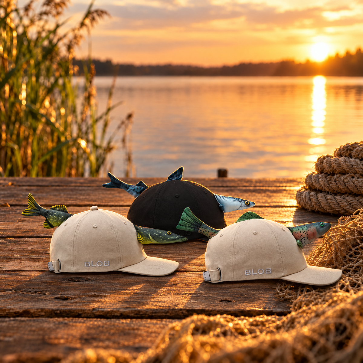 Alle drei BLOB Fish-Caps von der Seite mit BLOB-Stick und Metallverschluss bei Sonnenuntergang